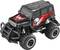Zwart speelgoedauto in offroad-stijl met rood vlammenontwerp en doodshoofdprint. Groot gedimensioneerde grove banden.