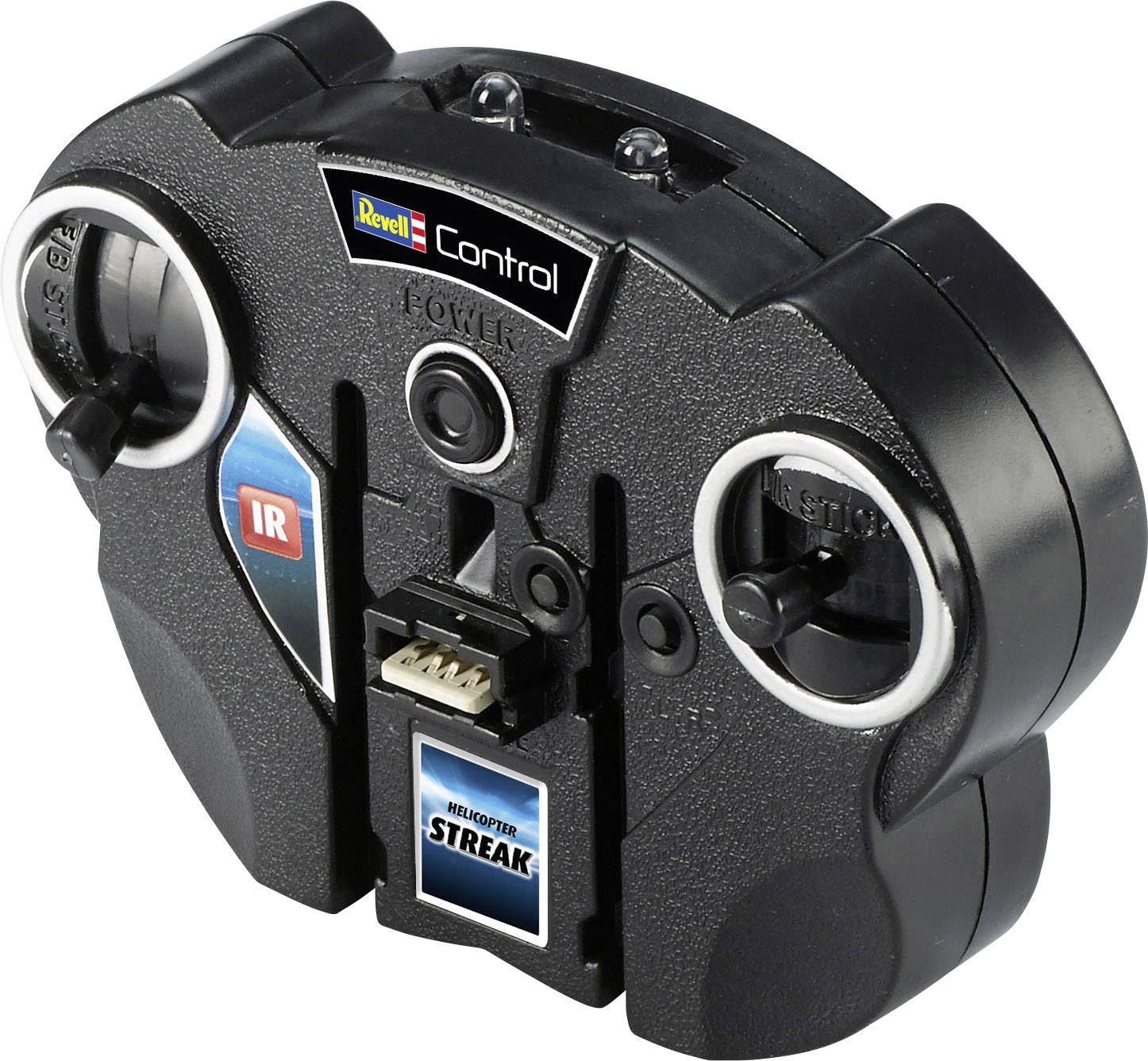 Afstandsbediening voor een speelgoed-vliegtuig met twee joysticks, IR-embleem en merkstickers.