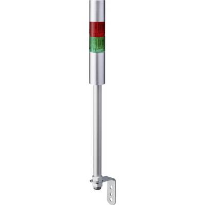 Metalen signaallamp met twee secties, rood en groen. Aan de onderkant bevindt zich een houder voor bevestiging.