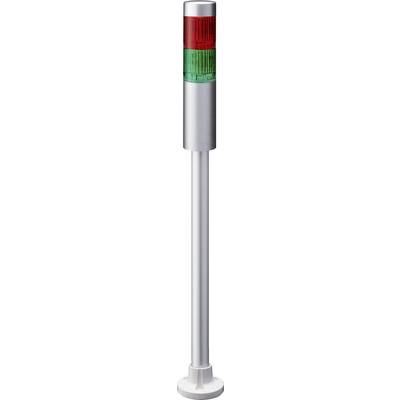 Een verkeerslicht met rood en groen signaal in een zilveren behuizing, gebruikt voor het aangeven van de machinestatus.