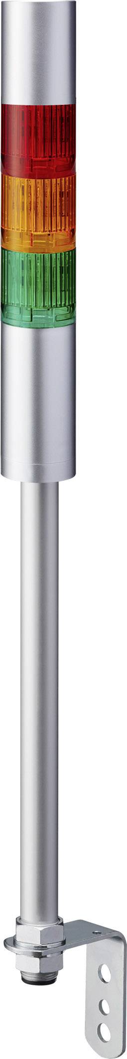 Een driekleurige LED-signaalzuil met rood, geel en groen licht op een zilveren steun voor statusweergave in de industrie.