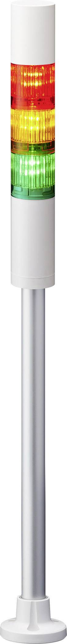 Verkeerslicht met drie kleuren: Rood (bovenaan), Geel (midden), Groen (onderaan), staand op een witte paal.