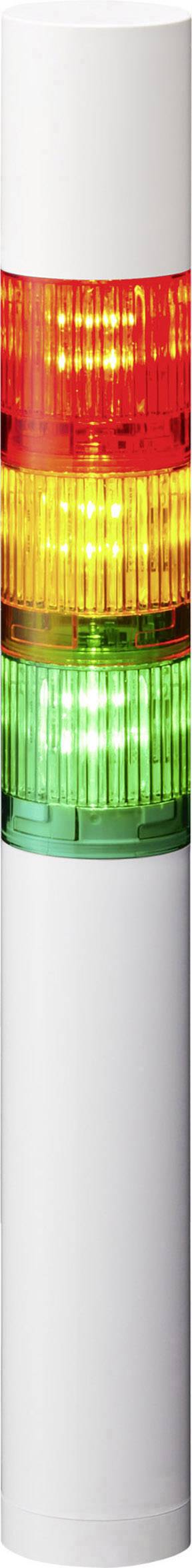 Een verticale signaallamp met drie lampen: bovenaan rood, in het midden oranje en onderaan groen, alle lampen branden.