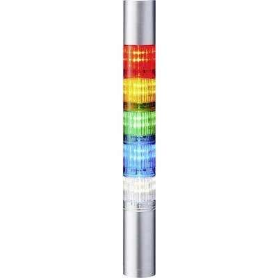 Een toren van vijf gekleurde LED-lampen: Rood, Geel, Groen, Blauw en Wit, van boven naar beneden, in een zilveren behuizing.