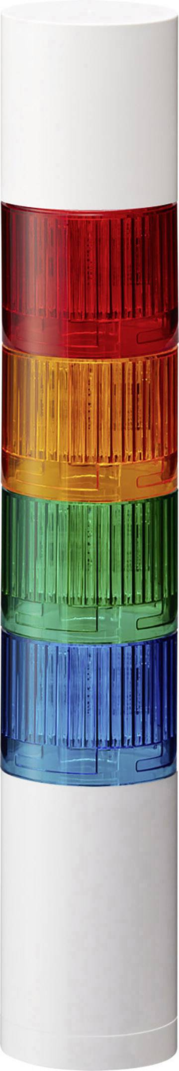 Een toren met vier gekleurde verlichtingsmodules: rood, oranje, groen, blauw, van boven naar beneden, voor het weergeven van status of waarschuwingen.