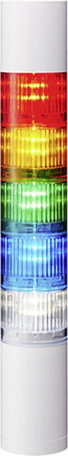 Een signaalverlichting met vijf gekleurde lampen: rood, geel, groen, blauw en wit, die boven elkaar zijn gerangschikt.