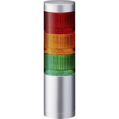 Een driekleurige waarschuwingslamp met rode, oranje en groene lampjes, die boven elkaar zijn gerangschikt in een zilveren behuizing.