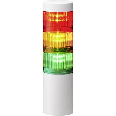 Een signaalverlichting toont drie gestapelde lichten: Rood bovenaan, Geel in het midden, Groen onderaan. Elk licht is ingeschakeld.