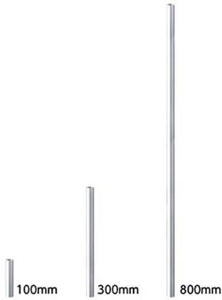 Drie verticale stangen van verschillende lengtes naast elkaar. De lengtes zijn gemarkeerd als 100 mm, 300 mm en 800 mm.