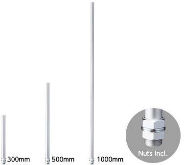 Drie verchroomde buizen in verschillende lengtes: 300 mm, 500 mm, 1000 mm. Een cirkel toont een close-up van de bijbehorende moeren.