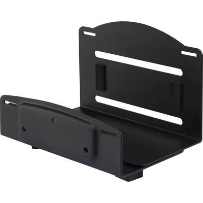 Zwarte wandsteun voor het bevestigen van een console, voorzien van ventilatiesleuven en bevestigingspunten, rechtop staand.