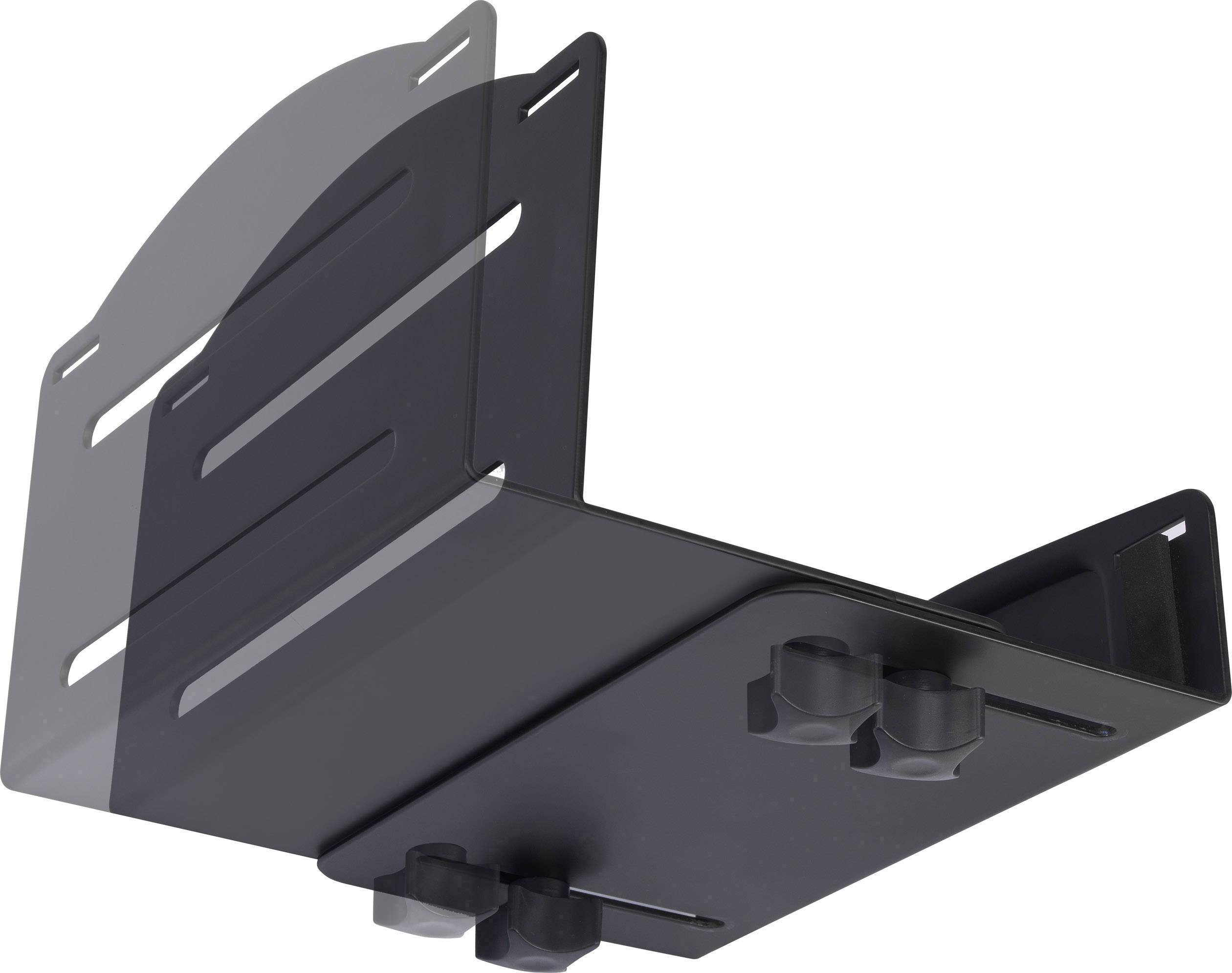 Een zwarte, verstelbare laptopstandaard van metaal met ventilatiesleuven en antislip rubberen voeten voor ergonomisch gebruik.