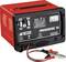 Rood accuoplader met zwart bedieningspaneel. Toont laadparameters, spanningskeuzeschakelaar voor 6V en 12V, ampèremeter en klemmen.