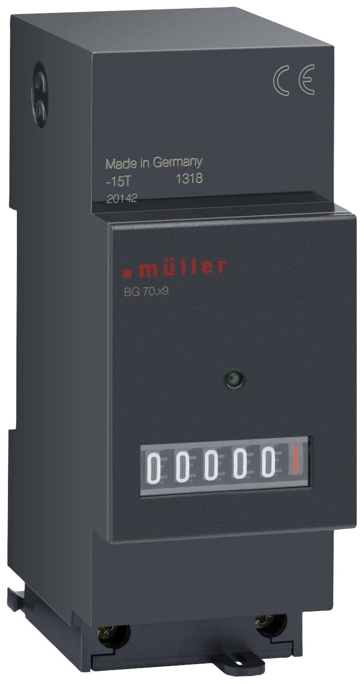 Een zwart elektrisch meetapparaat met rode cijfers en een groen controlelampje. Gemerkt met 'Müller' en 'Made in Germany'.