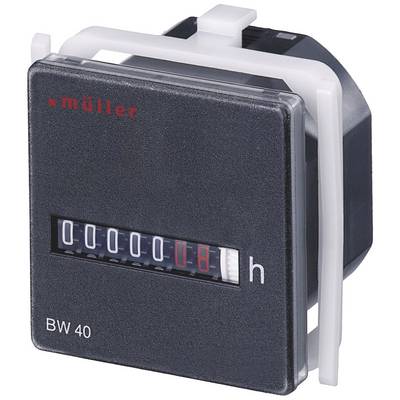 Toont een zwarte bedrijfsuurmeter met het opschrift 'Müller' en 'BW 40'. Het display toont 00008 uren aan.
