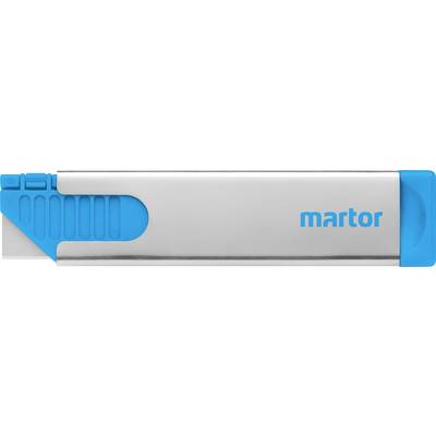 Zilveren en blauwe veiligheidsmesje met de opdruk 'martor'.