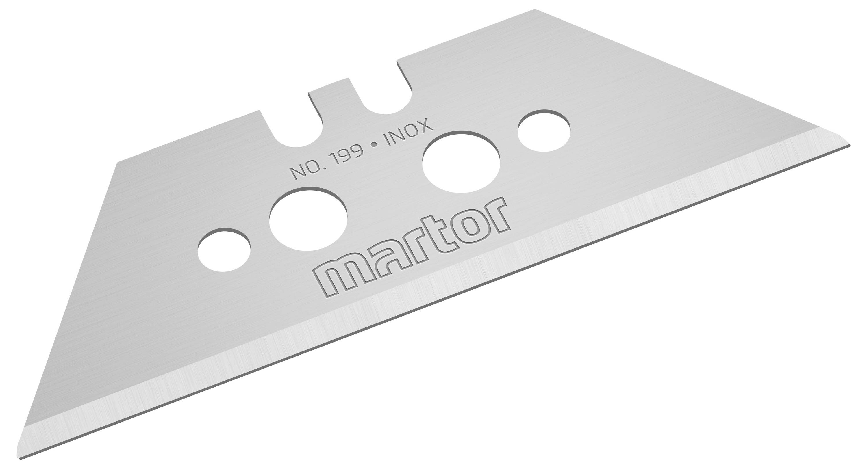 Zilveren vervangingsmesje met drie ronde gaten en de tekst 'martor No. 199 - INOX' in het midden.