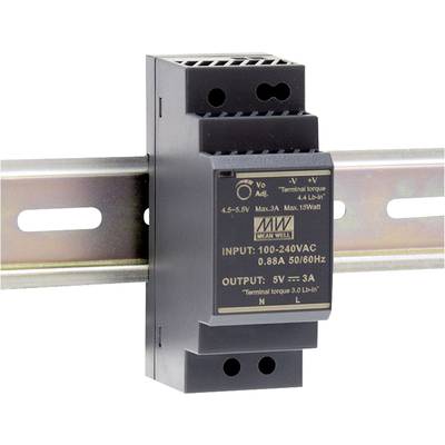 Een zwarte voedingseenheid gemonteerd op een DIN-rail. Het heeft ingangen van 100-240V AC en uitgangen van 5V, 3A.