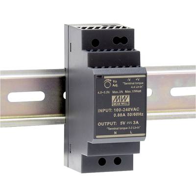 Zwart voedingsapparaat op DIN-rail, ingang 100-240V AC, uitgang 5V 3A, Max. 15 Watt.