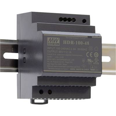 Een schakelvoeding met het opschrift 'Mean Well HDR-100-48', gemonteerd op een DIN-rail. Uitgangsspanning: 48V, 2,1A.