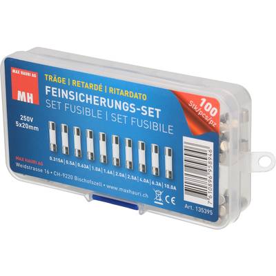 'Set FUSIBLE' Zekeringset, 250V 5x20mm, bevat 10 zekeringen van verschillende ampèrages. Verpakking met rode '100 Stk/Pcs/Pz'-sticker.