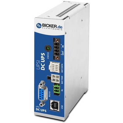 Metallic apparaat met het opschrift 'UPSI DC UPS' en meerdere aansluitingen, waaronder RS-232 en USB. Merk: Bicker Elektronik.
