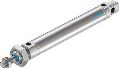 Een pneumatische cilinder van metaalkleurig zilver met montagedraden aan beide uiteinden, gebruikt voor lineaire bewegingen in machines.