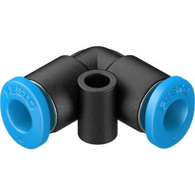 Een zwart L-vormig steekverbindingsdeel met twee blauwe uiteinden die 'Festo' dragen. Het wordt gebruikt in pneumatische systemen.