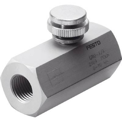 Een zilveren Festo-regelventiel van metaal met gegraveerde technische details. Het heeft een cilindrische vorm en een draaiknop bovenaan.