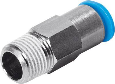 Een metalen aansluitstuk met buitendraad en blauwe afdichting, voor pijp- of slangverbindingen in technische installaties.