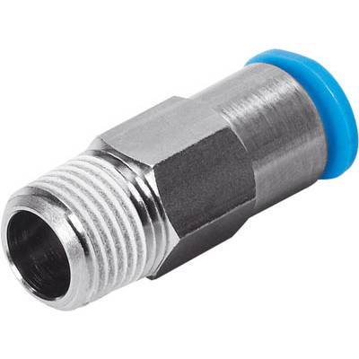 Een metalen aansluitstuk met buitendraad en blauwe afdichting, voor pijp- of slangverbindingen in technische installaties.