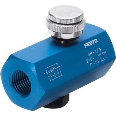 Blauw pneumatisch Festo-smoorventiel met drukmeter 0-10 bar en excentrische kap, geschikt voor buisaansluiting.