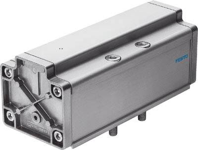 Aluminium pneumatische cilinder met rechthoekige behuizing; twee voorste montagebevestigingsgaten en een 'Festo'-logo aan de zijkant.