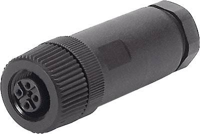 Een zwarte, cilindrische connector met meerdere aansluitpunten, geschikt voor industriële of technische toepassingen.