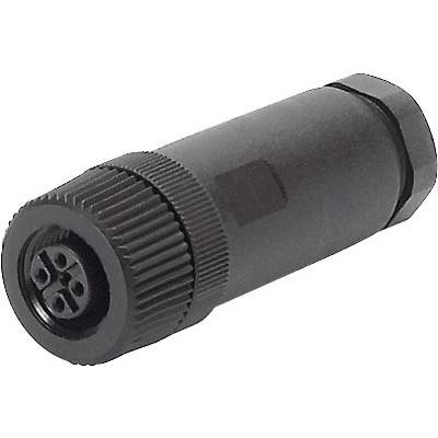 Een zwarte, cilindrische connector met meerdere aansluitpunten, geschikt voor industriële of technische toepassingen.