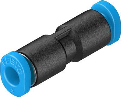 Zwarte rechte connector met blauwe eindkappen, waarschijnlijk gebruikt voor het verbinden van slangen of buizen.