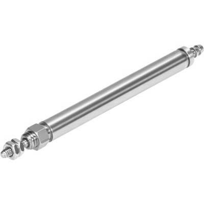 Een cilindrisch metalen onderdeel met twee bevestigingsbouten aan de uiteinden. Vaak gebruikt in hydraulische of pneumatische systemen.