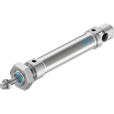 Metalen cilinder met schroefaansluitingen; van Festo, zilverkleurig en cilindrisch, geschikt voor pneumatische toepassingen.