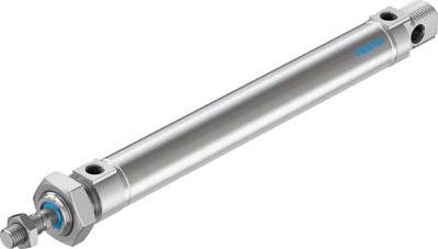 Een metalen pneumatische cilinder van Festo, cilindrische vorm met blauwe details, voor toepassingen in de automatiseringstechniek.