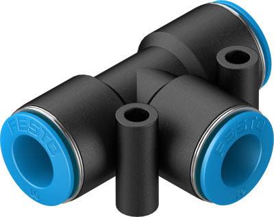 T-stuk pneumatische aansluitstuk van zwart kunststof met blauwe uiteinden, gebruikt voor het verbinden van slangen in pneumatische systemen.