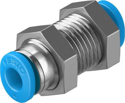 Een metalen schroefverbinding met blauwe kunststof doppen aan beide uiteinden, gebruikt voor pneumatische slangen in industriële toepassingen.