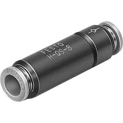 Zwart ventiel met zilveren uiteinden en opschrift 'FESTO H-QS-8'. Ventiel voor het regelen van luchtstroom in pneumatische systemen.
