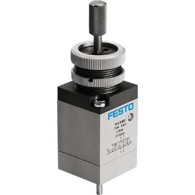 Festo pneumatisch drukregelventiel met draaiknop voor het aanpassen van de luchtdruk in industriële toepassingen, zilver en zwart.