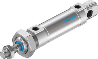 Een cilindervormige pneumatische aandrijving van metaal, gekenmerkt door het blauwe logo 'Festo', met twee aansluitingen aan beide uiteinden.
