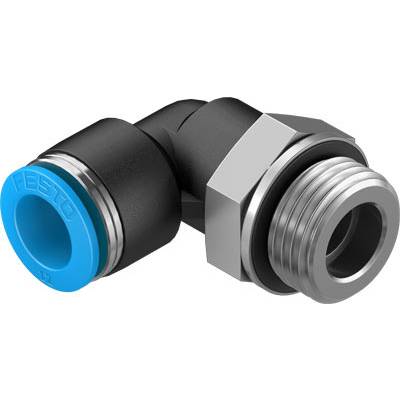 'L-vormige pneumatische aansluiting met blauw en zwart kunststof uiteinde en zilveren metalen schroefdraad, voor buisverbinding.'