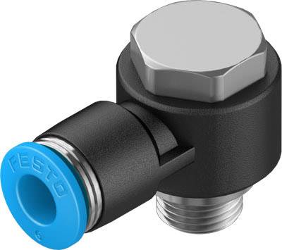 Een haakse steekverbinding met een blauwe dop en metalen schroefdraad, specifiek voor pneumatische systemen van Festo, is afgebeeld.