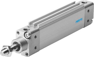 Een pneumatische cilinder van Festo met een rechthoekige behuizing, zuigerstang en meerdere aansluitingsmogelijkheden voor luchtleidingen.