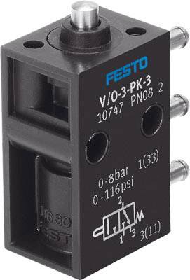 Ventiel van Festo met opschrift 'V/0-3-PK-3', drukbereik '0-8 bar', '0-116 psi', en technische tekening voor aansluitingsdetails.