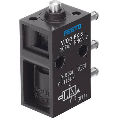 Ventiel van Festo met opschrift 'V/0-3-PK-3', drukbereik '0-8 bar', '0-116 psi', en technische tekening voor aansluitingsdetails.