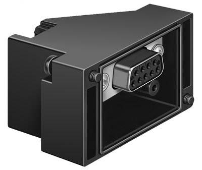 Een zwarte rechthoekige stekker met meerdere pinnen en een behuizing. Hij wordt gebruikt voor elektronische verbinding.